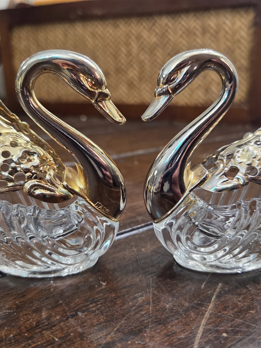Vintage Crystal Glass & Silver Plated Swan Salt Cellars set of 2- made in Italy